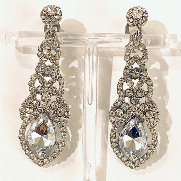 Rhinestone Drop Clip On Wedding Earrings - Picture 1 of 1